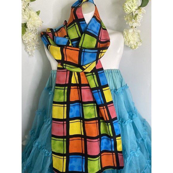 Vintage Travis Ayers Plaid Pattern 100% Silk 12 x 54 Rectangle Scarf Mod Multi - Picture 16 of 16